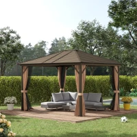 Outsunny Pérgola para Jardim com Parede Lateral e Rede Mosquiteira 365x300x265 cm Marrom(m-2)