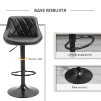 HOMCOM Set 2 Sgabelli da Bar Moderni e Girevoli con Altezza Regolabile, Schienale e Poggiapiedi, Seduta in Similpelle Imbottita per Cucina, Nero 46.5x48x84.5-106.5cm(m-6)