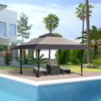 Outsunny Tenda dobrável 3,96x3.96 m com telhado duplo altura ajustável com bolsa de transporte de aço tecido Oxford Proteção UV para festas, casamentos Cáqui e café(m-9)