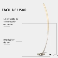 HOMCOM Lámpara de Pie de Aluminio con Luz LED Amarilla Cálida Base de Metal Interruptor de Pie Diseño Elegante Potencia Max. 18 W 50x23x149 cm Plateado(m-6)