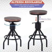 HOMCOM Sgabello da Bar Stile Industriale, Seduta in Legno e Altezza Regolabile, Sgabello Cucina con Struttura in Metallo, 40x40x59-74cm, Marrone e Nero(m-5)