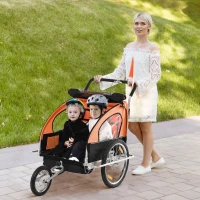HOMCOM Kinderanhänger Fahrradanhänger Kinder Radanhänger für 2 Kinder mit Fahne Regenschutz atmungsaktiv Schwarz+Orange Stahl 142 x 85 x 105 cm(m-9)