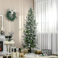 HOMCOM 7 Ft Pencil Snow Flocked Artificial Christmas Tree with Realistic Cypress Branches, Auto Open, Green(m-10)