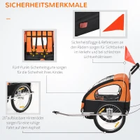 HOMCOM Kinderanhänger Fahrradanhänger Kinder Radanhänger für 2 Kinder mit Fahne Regenschutz atmungsaktiv Schwarz+Orange Stahl 142 x 85 x 105 cm(m-5)