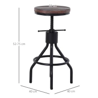 HOMCOM Sgabello da Bar Stile Industriale, Seduta in Legno e Altezza Regolabile, Sgabello Cucina con Struttura in Metallo, 40x40x59-74cm, Marrone e Nero(m-3)