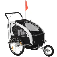HOMCOM Kinderanhänger Fahrradanhänger Kinder Radanhänger für 2 Kinder mit Fahne Regenschutz atmungsaktiv Weiß-Schwarz Stahl 142 x 85 x 105 cm(m-10)