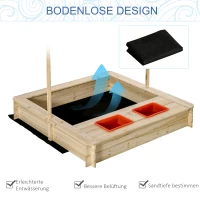 Outsunny piaskownica drewniana konstrukcja bez dna z opuszczanym i przechylanym dachem dach na korbkę 2 plastikowe wpuszczane pojemniki dla dzieci w wieku 3-8 lat kolor naturalny 118 x 118 x 118 cm(m-6)
