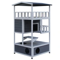 PawHut® Domek dla Kota 4-poziomowy z Toaletą Balkon Dach Asfaltowy Drewno Szary(m-11)