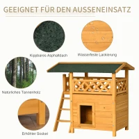 PawHut Katzenhaus Tannenholz Kleintierhaus für Katzen mit Terrasse und Treppe Katzenhöhle für drinnen und draußen wärmeisoliert wetterfest winterfest Natur 77 x 50 x 73 cm(m-5)