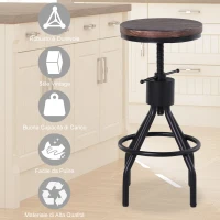HOMCOM Sgabello da Bar Stile Industriale, Seduta in Legno e Altezza Regolabile, Sgabello Cucina con Struttura in Metallo, 40x40x59-74cm, Marrone e Nero(m-6)