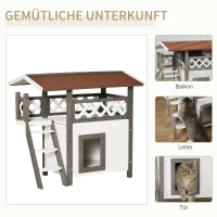 PawHut Katzenhaus Tannenholz Kleintierhaus für Katzen mit Terrasse und Treppe Katzenhöhle für drinnen und draußen wärmeisoliert wetterfest winterfest Weiß 77 x 50 x 73 cm(m-4)