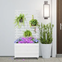 Outsunny Jardinera con Enrejado de Madera Maciza con 4 Ruedas Macetero de Jardín con Soporte para Trepadora y Tela Geotextil para Cultivos Plantas Flores 76x30x155 cm Blanco(m-10)