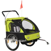 HOMCOM Kinderanhänger Fahrradanhänger Kinder Radanhänger für 2 Kinder mit Fahne Regenschutz atmungsaktiv Grün-Schwarz Stahl 142 x 85 x 105 cm(m-1)
