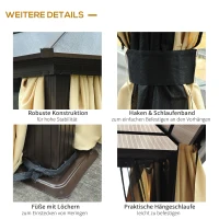 Outsunny Pawilon Ogrodowy Hardtop 4,2 x 3,6 m, Zasłony z Siatką Przeciwkomarową, Aluminiowa Konstrukcja, Brąz+Krem(m-5)