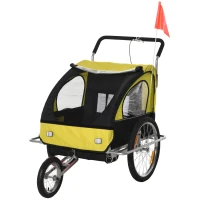 HOMCOM Kinderanhänger Fahrradanhänger Kinder Radanhänger für 2 Kinder mit Fahne Regenschutz atmungsaktiv Gelb-Schwarz Stahl 142 x 85 x 105 cm(m-10)