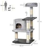 PawHut Árvore para gatos Arranhador Grande com Plataformas para Brincar coberta de Pelucía Cinza 48x48x100 cm(m-3)
