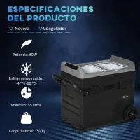 Outsunny Nevera Portátil Compresor 55L Eléctrica Refrigerador de Coche CC 12V/24V hasta -20℃ Mini Frigorífico Pantalla LED Táctil Asa Retráctil para Camping Viajes Automóvil 71,1x46x57,1 cm Negro(m-4)