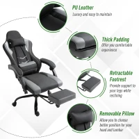 Vinsetto Racing Gaming Chair Faux Leather with Wheels, Armrest, Retractable Footrest, Removable Pillow Home Office,  Black(m-7)