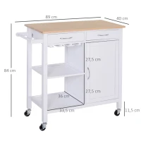 HOMCOM Carrinho de Cozinha Multiusos Carrinho Auxiliar com Rodas Prateleiras Armário e Gavetas para Cozinha 88,5x40x86cm Branco e Madeira Natural(m-3)