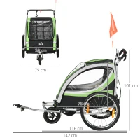 HOMCOM Child Bike Trailer 2 In 1 Baby Stroller 2-Seater Transport Carrier with Hitch Coupler, Brake, 5 Point Harness, Storage Bag, Reflector, Flag, Green(m-3)