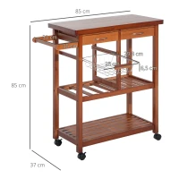 HOMCOM Carrinho de Cozinha de Madeira natural Madeira Metal 4 Rodas Gaveta Garrafeira  85x37x85 cm(m-3)