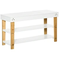 HOMCOM Banco Sapateira de Bambú Banco Sapateira com Baú de Armazenamento e 2 Prateleiras para 6 Sapatos 60x33x50cm Madeira e Branco(m-10)