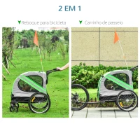 PawHut Reboque de Bicicleta para Cães 2 em 1 Transporte para Animais de Estimação com Porta Enrolável Janelas Cinto de Segurança Bandeira e 6 Refletores 140x72,5x108 cm  Verde(m-4)