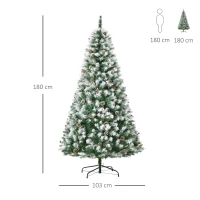 HOMCOM Árvore de Natal Artificial 180cm com 800 Ramos e 61 Pinhas Folhas de PVC com Efeito Neve Base Dobrável  Verde(m-3)