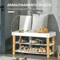 HOMCOM Banco Sapateira de Bambú Banco Sapateira com Baú de Armazenamento e 2 Prateleiras para 6 Sapatos 60x33x50cm Madeira e Branco(m-6)