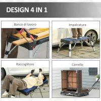 DURHAND Piattaforma da Lavoro 4 in 1 Pieghevole, Banco da Lavoro, Impalcatura, Lettino Sottomacchina e Carrello(m-4)