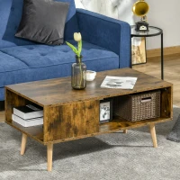 HOMCOM Coffee Table with Open Storage Shelves, Retro Cocktail Table with Solid Wood Legs for Living Room, Rustic Brown(m-2)