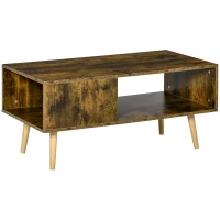 HOMCOM Coffee Table with Open Storage Shelves, Retro Cocktail Table with Solid Wood Legs for Living Room, Rustic Brown(m-1)