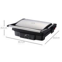HOMCOM 2000W 3-1 Funktion Kontaktgrill Elektrogrill für 4 Scheibe Indoor-Grill antihaftbeschichtet Tischgrill mit regelbarem Thermostat 180 Grad aufklappbar Alu Stahl Silber+Schwarz 35,1x32,6x15,5 cm(m-3)