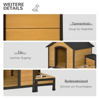 Buda dla psa PawHut z drewnem jodłowym i 2 miskami, Dach z papy asfaltowej, Odporna na warunki pogodowe, 130 x 93 x 92 cm(m-6)