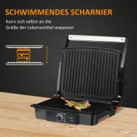 HOMCOM 2000W 3-1 Funktion Kontaktgrill Elektrogrill für 4 Scheibe Indoor-Grill antihaftbeschichtet Tischgrill mit regelbarem Thermostat 180 Grad aufklappbar Alu Stahl Silber+Schwarz 35,1x32,6x15,5 cm(m-4)
