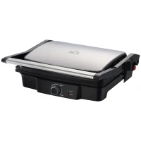 HOMCOM 2000W 3-1 Funktion Kontaktgrill Elektrogrill für 4 Scheibe Indoor-Grill antihaftbeschichtet Tischgrill mit regelbarem Thermostat 180 Grad aufklappbar Alu Stahl Silber+Schwarz 35,1x32,6x15,5 cm(m-1)