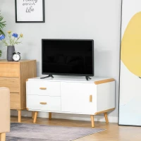 HOMCOM TV Schrank Lowboard Fernsehtisch TV-Kommode für Fernseher kleiner als 45'' mit 2 Schubladen und Schrank Wohnzimmer Bambus MDF Weiß+Natur 100 x 47 x 55,5 cm(m-2)