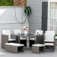 Outsunny Conjunto de Muebles de Jardín 9 Piezas de Ratán para Comedor Sillas Apilables con Cojines Extraíbles Lavables Mesa de Vidrio Templado para Exterior Patio Terraza Gris(m-10)