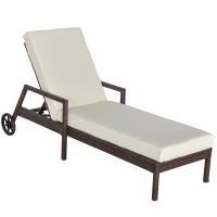 Outsunny Tumbona de Ratán de Jardín con Cojines Acolchados Respaldo Ajustable en 5 Posiciones 2 Ruedas y Tela Extraíble Lavable Carga 160 kg 67x196x96 cm Crema(m-1)