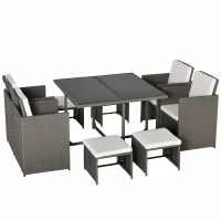 Outsunny Conjunto de Muebles de Jardín 9 Piezas de Ratán para Comedor Sillas Apilables con Cojines Extraíbles Lavables Mesa de Vidrio Templado para Exterior Patio Terraza Gris(m-1)