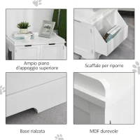 PawHut Mobile Lettiera per Gatti a 2 Ante, Portaoggetti Laterale e Foro d'Ingresso a Forma di Gatto, 88.5x48x51.5cm, Bianco(m-5)