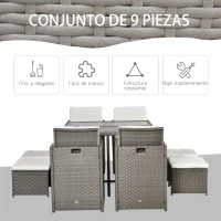 Outsunny Conjunto de Muebles de Jardín 9 Piezas de Ratán para Comedor Sillas Apilables con Cojines Extraíbles Lavables Mesa de Vidrio Templado para Exterior Patio Terraza Gris(m-4)