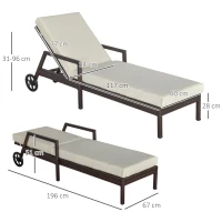 Outsunny Tumbona de Ratán de Jardín con Cojines Acolchados Respaldo Ajustable en 5 Posiciones 2 Ruedas y Tela Extraíble Lavable Carga 160 kg 67x196x96 cm Crema(m-3)