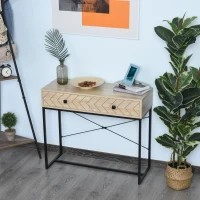 HOMCOM Embossed Arrow Side Table w/ 2 Drawers Metal Frame Handles Back Bar Tabletop Unique Home Style Storage End Console(m-6)