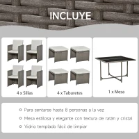 Outsunny Conjunto de Muebles de Jardín 9 Piezas de Ratán para Comedor Sillas Apilables con Cojines Extraíbles Lavables Mesa de Vidrio Templado para Exterior Patio Terraza Gris(m-5)