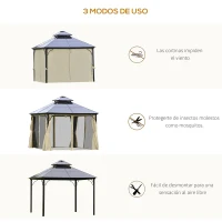 Outsunny Cenador para Jardín 3x3 m con Marco de Alumnio Pabellón para Exterior con Techo de Policarbonato Anti-UV Gazebo para Fiestas Eventos Beige y Negro(m-7)