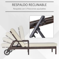 Outsunny Tumbona de Ratán de Jardín con Cojines Acolchados Respaldo Ajustable en 5 Posiciones 2 Ruedas y Tela Extraíble Lavable Carga 160 kg 67x196x96 cm Crema(m-4)