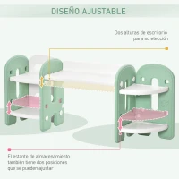 HOMCOM Juego de Mesa y Silla para Niños Pupitre Infantil 2 en 1 con 4 Estantes de Almacenaje para Libros Juguetes 150x35x62,5 cm Verde y Blanco(m-9)