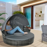 Outsunny Isla de Ratán Modular para Exterior 5 Piezas Tumbona Redonda con Toldo Plegable Cojines Extraíbles Lavables y 3 Almohadas Marco de Metal 175x180x147 cm Gris(m-2)