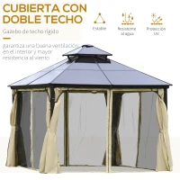Outsunny Cenador para Jardín 3x3 m con Marco de Alumnio Pabellón para Exterior con Techo de Policarbonato Anti-UV Gazebo para Fiestas Eventos Beige y Negro(m-4)